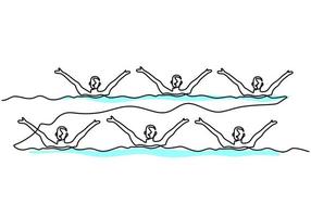 Continuous line drawing young energetic women perform beautiful synchronized swimming choreography. Female swimmers group doing dance in the water. Group water sport competition concept vector