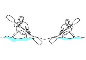 One continuous line drawing of energetic athlete guy boat race on the river. A rowers group enjoy in long boats compete isolated on white background. Team member rowing boat teamwork concept vector