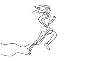 Continuous one line drawing of young woman athlete runner focus sprint run. Character girl running around isolated on white background. Sport and healthy lifestyle concept. Vector illustration