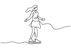 continuous line drawing of young girl playing ice skating in the ice area isolated on white background. Figure skating girl hand drawn lineart minimalism design. Vector winter activity illustration