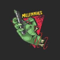 mano zombie sosteniendo el teléfono con texto de los millennials, nueva generación como una ilustración zombie vector