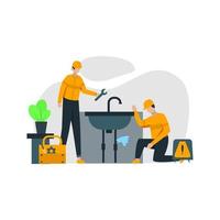 Technicians repair damage to goods and machinery vector illustration