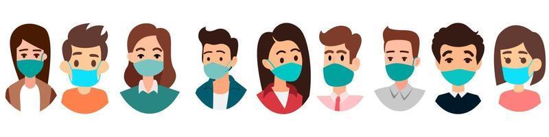Group of people wearing masks. People faces with mask icon isolated vector on white background.