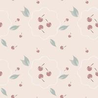 seamless pattern with cute cartoon, red cherry and floral shapes on a pink pastel colored background. vector