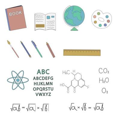 School objects and subjects linear set. Vector items.