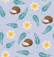 Seamless vector tropical pattern with coconut, palm leaves and plumeria on blue background. Perfect for wallpaper, background, textile, fabric or wrapping paper.