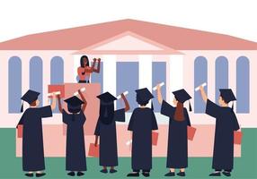 Graduates with diplomas and scrolls are listening to a graduation motivational parting words vector