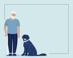 marco con un anciano y un perro guía. vector