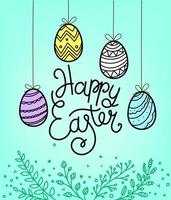 Happy Easter lettering inscription. Easter eggs in doodle style vector