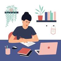 chica estudiante haciendo la tarea. una computadora portátil y un libro están sobre la mesa. concepto para aprender en casa de forma aislada o haciendo los deberes. ilustración vectorial plana. vector