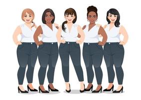 Set of Plus size female in white sleeveless shirt and jeans standing together on white background vector