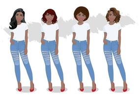 conjunto de chicas afroamericanas con diferentes peinados en camisetas blancas y vector de blue jeans