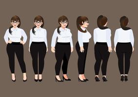 Cartoon character with plus size business woman in white shirt for animation. Front, side, back, 3-4 view character. Vector illustration