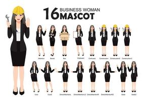 16 mascota de mujer de negocios en traje negro, estilo de personaje de dibujos animados plantea establecer ilustración vectorial