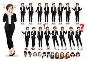 conjunto de pose de personaje de dibujos animados de empresaria. hermosa mujer de negocios en traje negro estilo oficina. ilustración vectorial vector