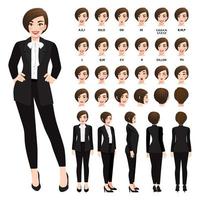 Cartoon character with business woman in black suit for animation. Front, side, back, 3-4 view character. Separate parts of body. Flat vector illustration
