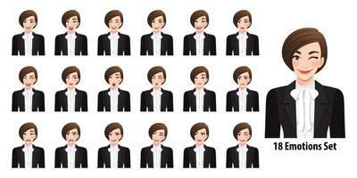 Hermosa empresaria en traje negro con diferentes expresiones faciales aisladas en la ilustración de vector de estilo de personaje de dibujos animados