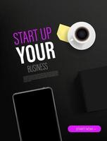 Start up your business promo landing page template with paper book and modern tablet vector