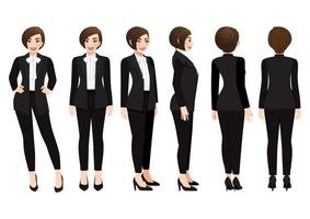 Cartoon character with business woman in black suit for animation. Front, side, back, 3-4 view character. Vector illustration