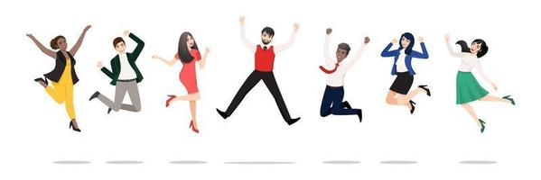 Businesspeople jumping celebrating victory. Cheerful multiracial people celebrating together. A diverse group of happy company team colleagues jumping. Flat vector winning characters collection