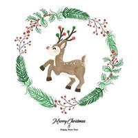 Merry Christmas and Happy New Year with Reindeer in plant wreath. Watercolor design on white background vector illustration