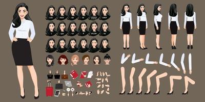 Businesswoman cartoon character creation set with various views, hairstyles, face emotions, lip sync and poses. Parts of body template for animation. vector