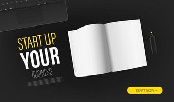 Start up your business promo landing page template with paper book and sample text. Top view vector layout