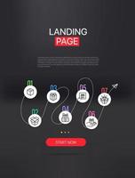 Promo landing page with infographic template. Template with sample text and button vector