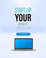 Start up your business promo landing page template with laptop and sample text. Mockup for presentation, websites, applications and landings vector