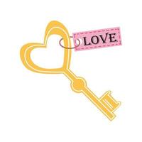 Llave del corazón de oro con la palabra amor aislado sobre fondo blanco. vector