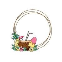 Summer round frame with exotic fruits, ice cream and coconut hand drawn vector