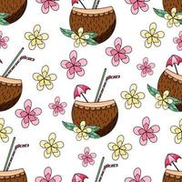 Coconut coctail and flowers seamless pattern vector illustration for textile print
