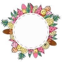 Summer round frame with exotic fruits, ice cream and coconut hand drawn vector