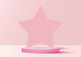 3D minimal scene cylinder podium in soft pink background with star shape backdrop vector