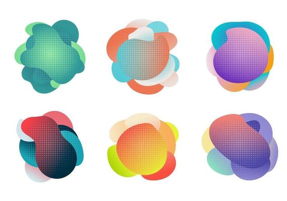 Badges set of fluid or liquid gradient shapes elements with halftone effect isolated on white background.