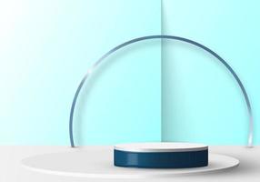 3D realistic empty blue and white round pedestal mockup on soft blue backdrop vector