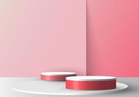 3D realistic empty red and white round pedestal mockup on soft pink backdrop vector