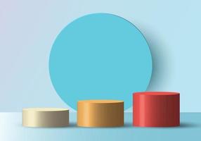 3D realistic empty white, yellow, red round step pedestal mockup with blue circle backdrop vector