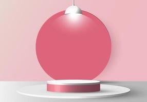 3D realistic empty white round pedestal mockup with lamp on soft pink background and circle backdrop vector