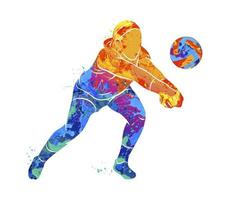 Abstract volleyball player jumping from a splash of watercolors. Vector illustration of paints