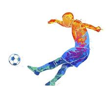 Abstract professional soccer player quick shooting a ball from splash of watercolors. Vector illustration of paints