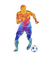 Abstract professional soccer player quick shooting a ball from splash of watercolors. Vector illustration of paints