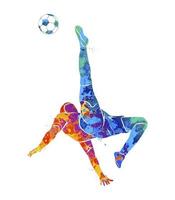 Abstract soccer player quick shooting a ball from splash of watercolors. Vector illustration of paints