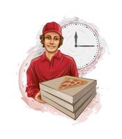 Repartidor de pizzas sosteniendo una caja de cartón con una pizza de pepperoni dentro. vector ilustración realista de pinturas