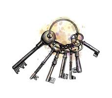 Bunch of old key from a splash of watercolor, hand drawn sketch. Vector illustration of paints