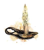 Burning candle in bronze candlestick from a splash of watercolor, hand drawn sketch. Vector illustration of paints