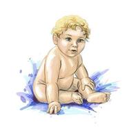 Cute baby sitting from a splash of watercolor, hand drawn sketch. Vector illustration of paints