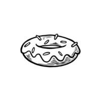 Donuts with icing hand drawn in vintage style. A tasty donuts sketch on white background. Sweet desserts concept. Coloring book for children and adults. Vector outline illustration.