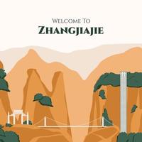 Welcome to China flat vector. Set of famous landmark such as Zhangjiajie National Forest Park, Glass Bridge, Bailong Elevator etc. Asia famous natural attraction minimalistic illustration vector