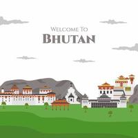 Welcome to Buthan vector flat illustration. with landmark buildings includes Paro Taktsang, Punakha Dzong, Tashichhoedzong, National Memorial Chhorten and Kyichu Lhakhang. Travel tourist vacation